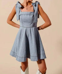 Trendsi - So Me A Line Fit And Flare Diamond Bow Ribbon Denim Dres - blue - clothing - cotton - blend