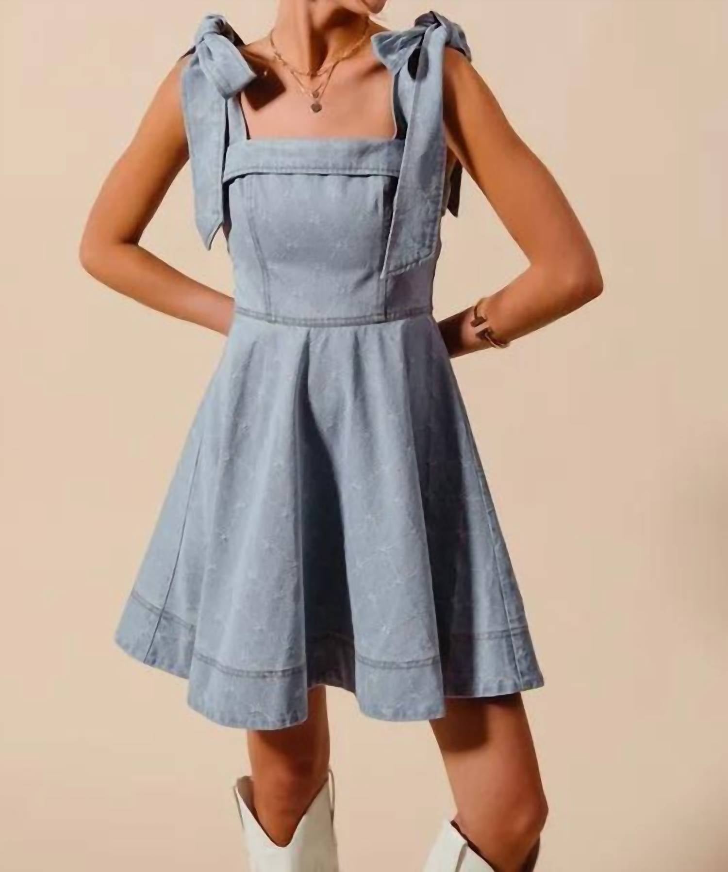 Trendsi - So Me A Line Fit And Flare Diamond Bow Ribbon Denim Dres - blue - clothing - cotton - blend