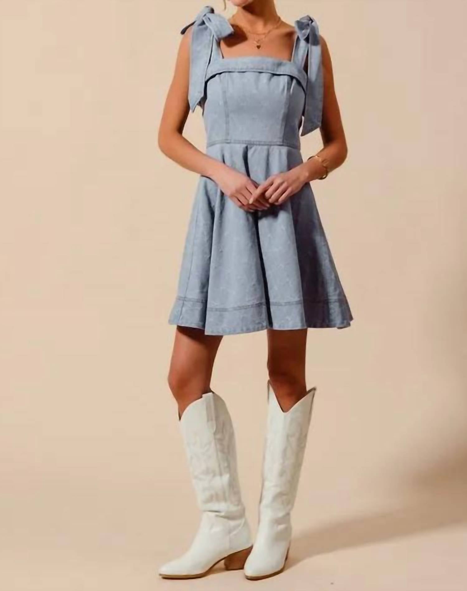 Trendsi - So Me A Line Fit And Flare Diamond Bow Ribbon Denim Dres - blue - clothing - cotton - blend