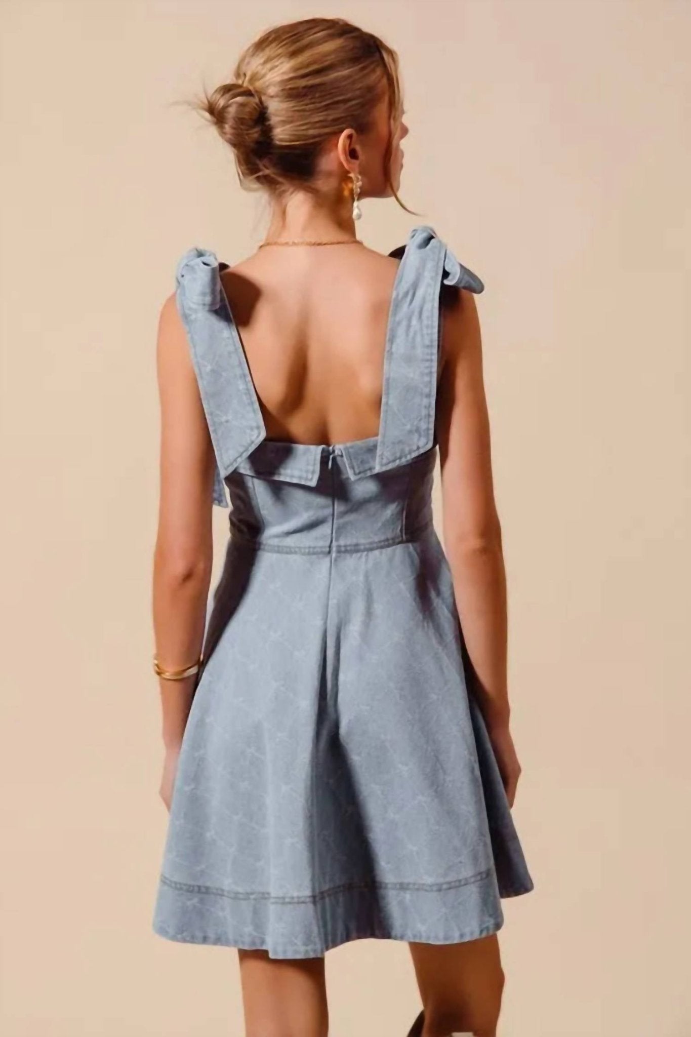 Trendsi - So Me A Line Fit And Flare Diamond Bow Ribbon Denim Dres - blue - clothing - cotton - blend