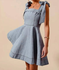 Trendsi - So Me A Line Fit And Flare Diamond Bow Ribbon Denim Dres - blue - clothing - cotton - blend