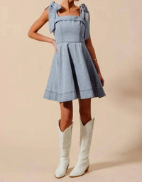 Trendsi - So Me A Line Fit And Flare Diamond Bow Ribbon Denim Dres - blue - clothing - cotton - blend
