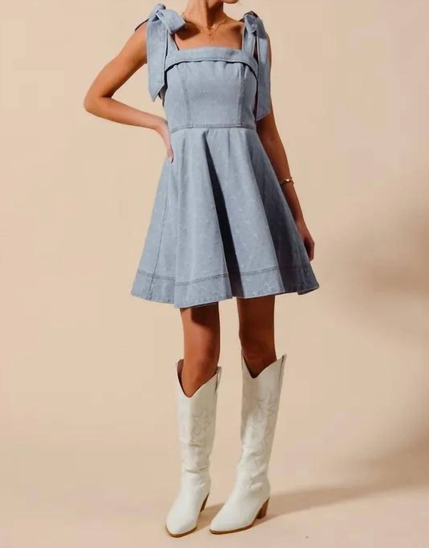 Trendsi - So Me A Line Fit And Flare Diamond Bow Ribbon Denim Dres - blue - clothing - cotton - blend