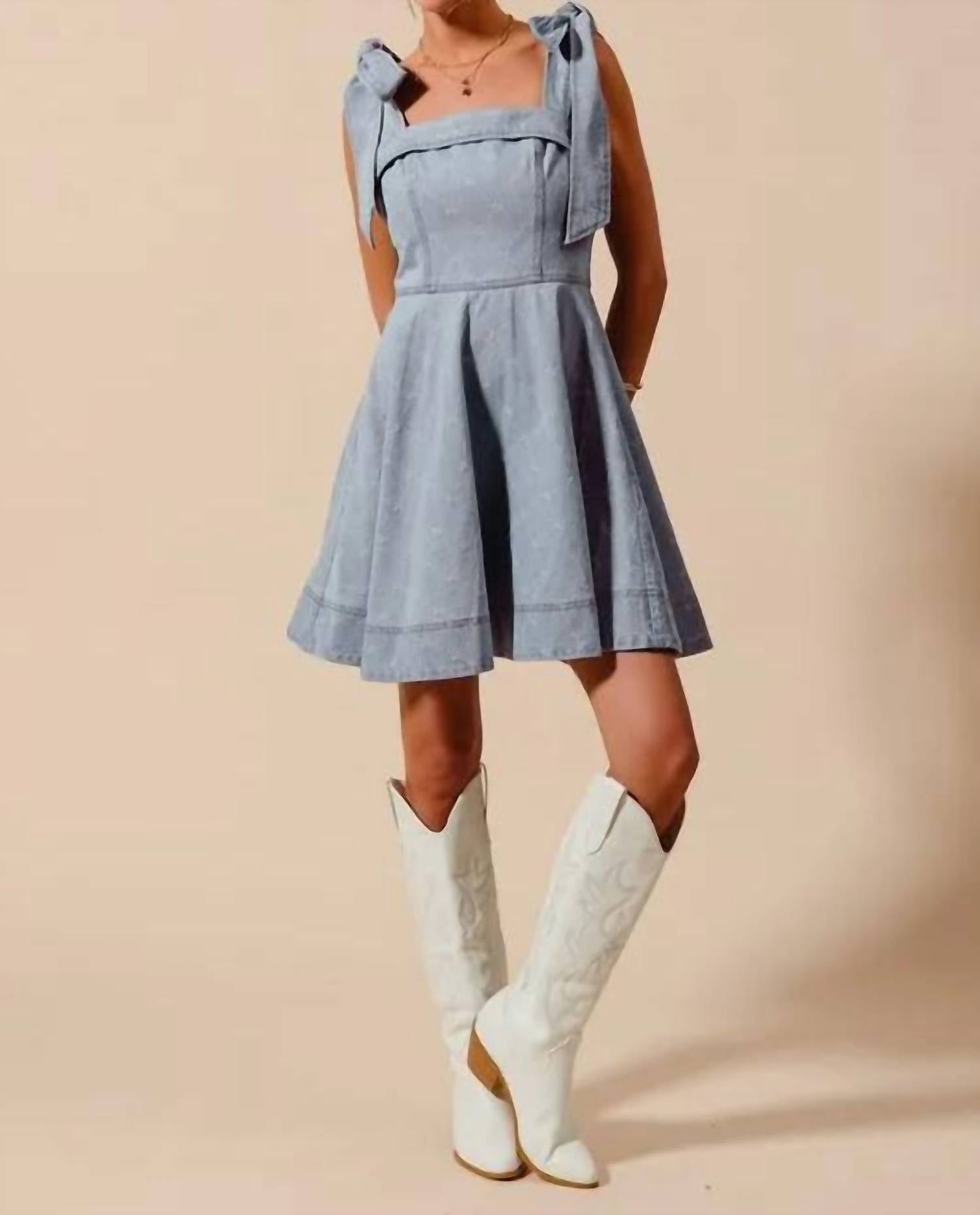 Trendsi - So Me A Line Fit And Flare Diamond Bow Ribbon Denim Dres - blue - clothing - cotton - blend