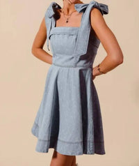 Trendsi - So Me A Line Fit And Flare Diamond Bow Ribbon Denim Dres - blue - clothing - cotton - blend