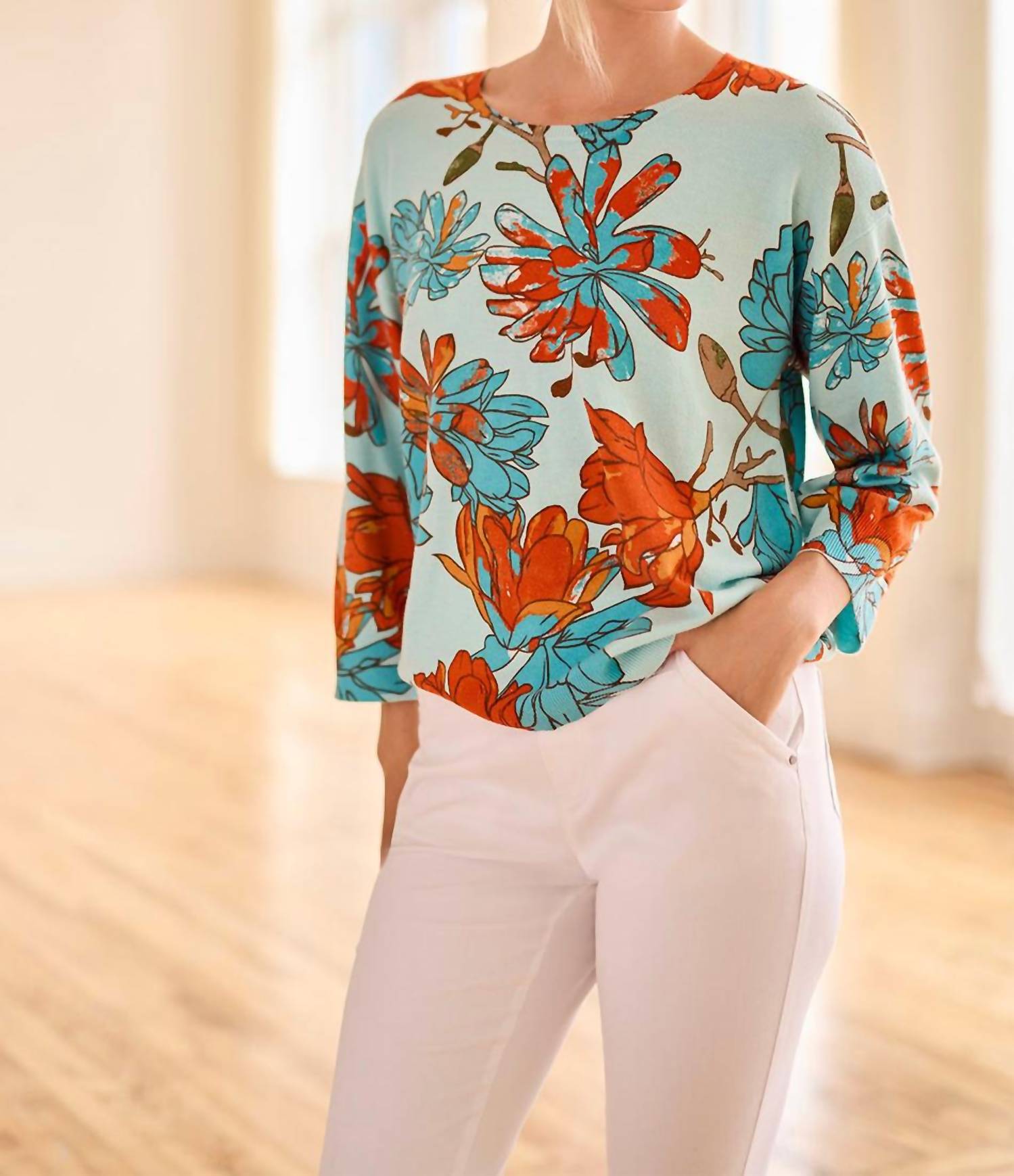 Tribal - 3/4 Sleeve Crew Neck Sweater - blouses - blue - clothing