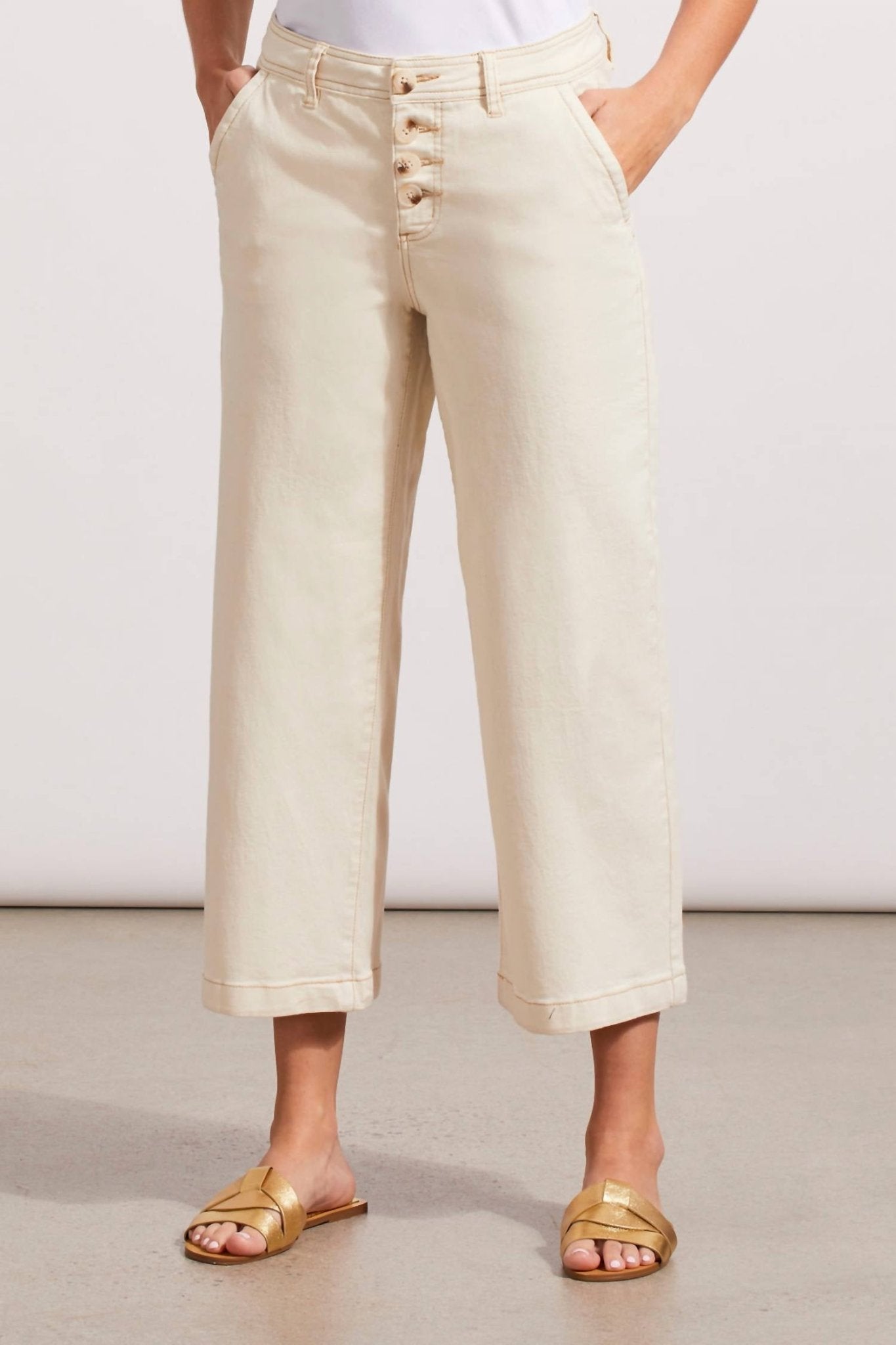Tribal - Audrey Button Fly Wide Leg Capri Pants - beige - capris - clothing