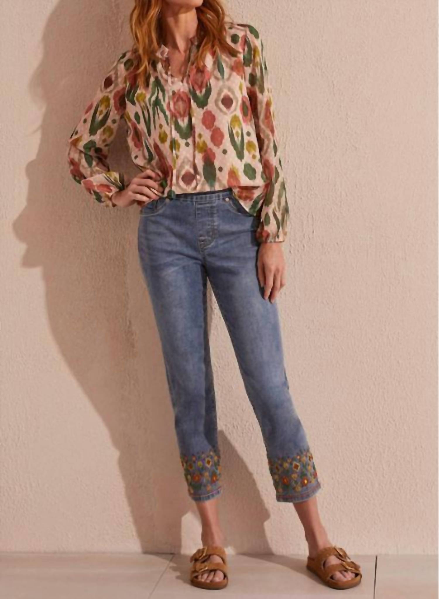 Tribal - Audrey Pull - on Jeans With Embellished Hem - ankle - blue - clothing