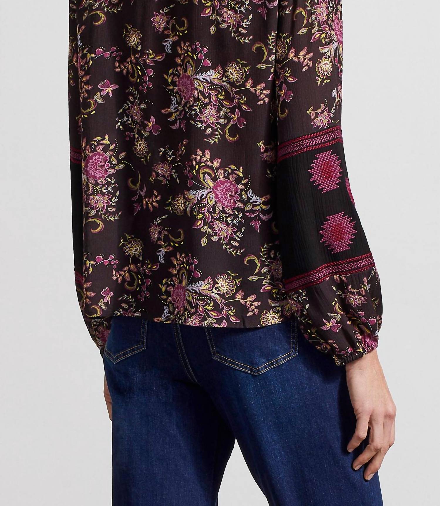 Tribal - Button Front Embroidered Blouse - black - blouses - clothing
