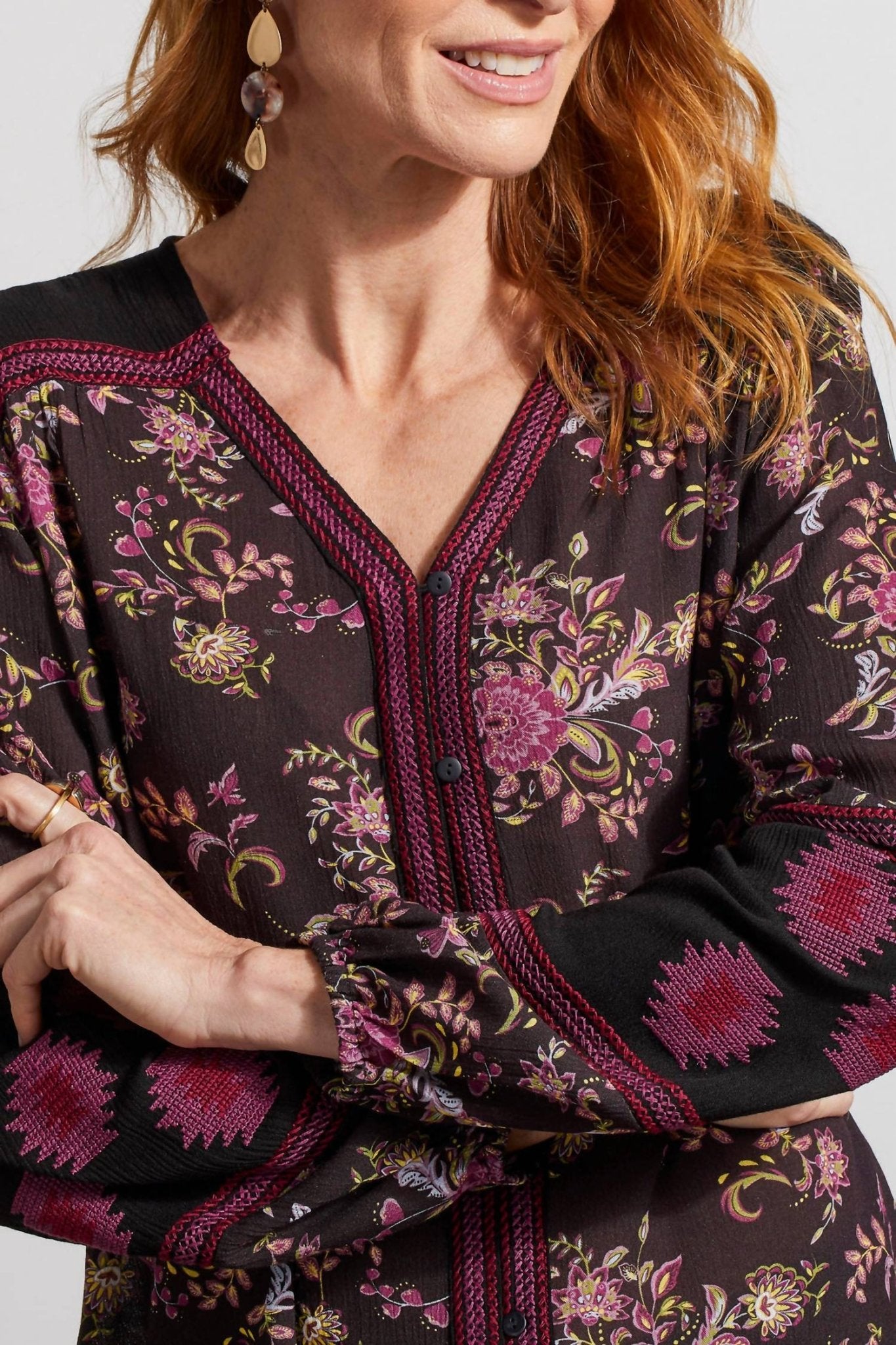 Tribal - Button Front Embroidered Blouse - black - blouses - clothing