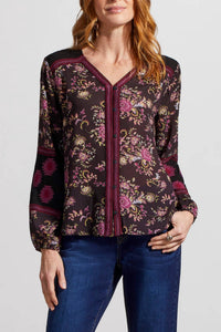 Tribal - Button Front Embroidered Blouse - black - blouses - clothing