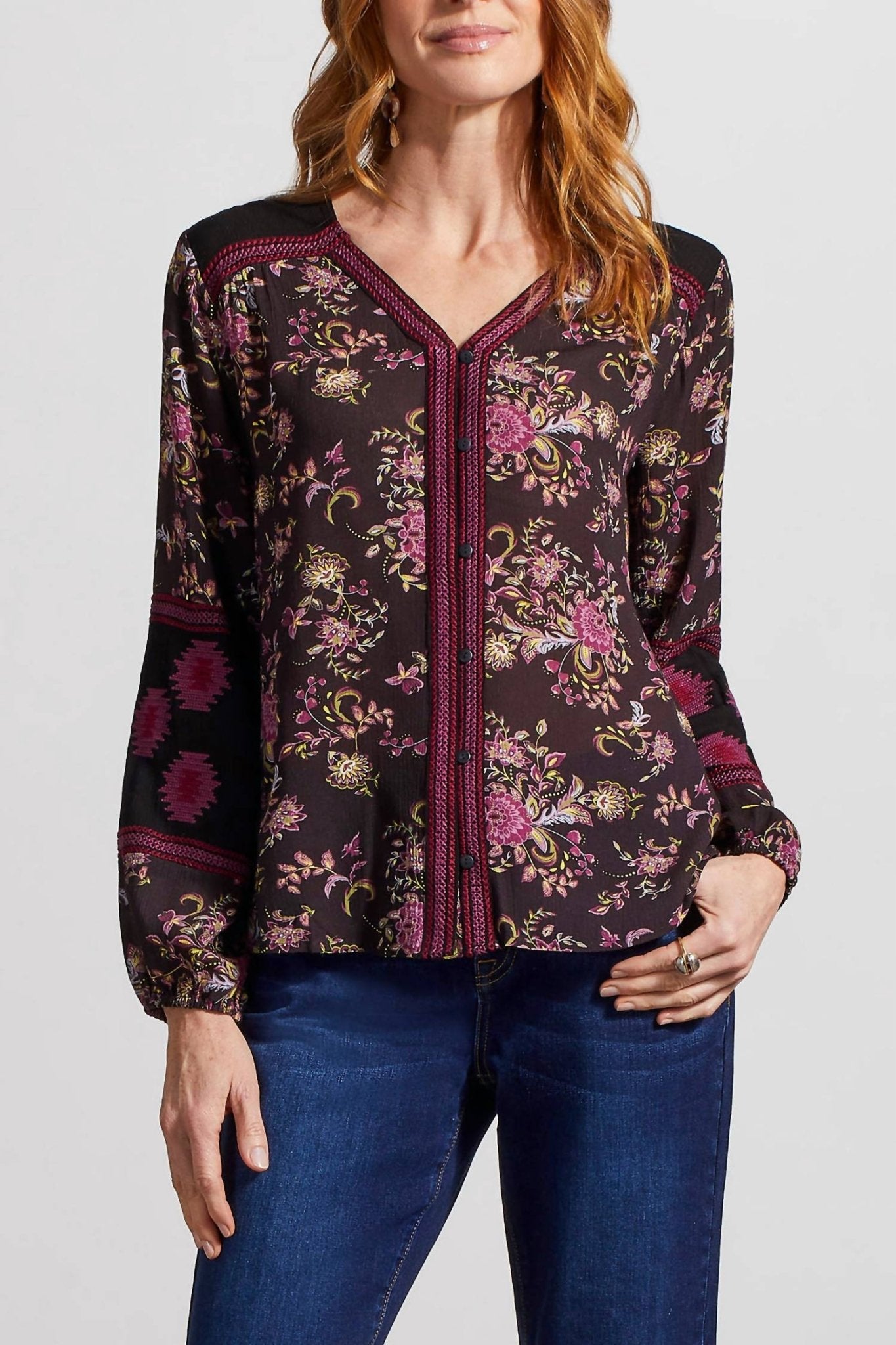 Tribal - Button Front Embroidered Blouse - black - blouses - clothing