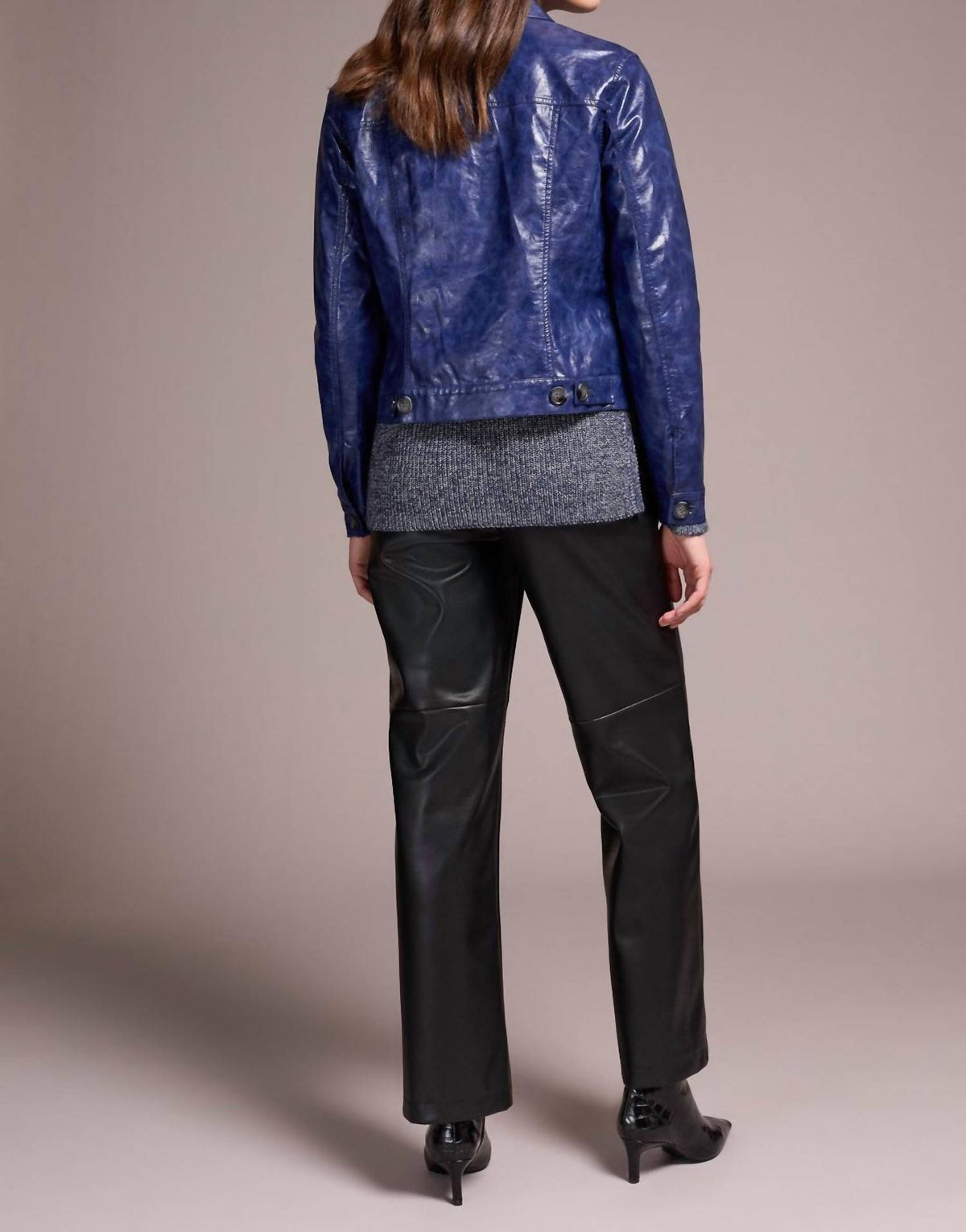 Tribal - Faux Leather Button-front Collar-accent Jacket