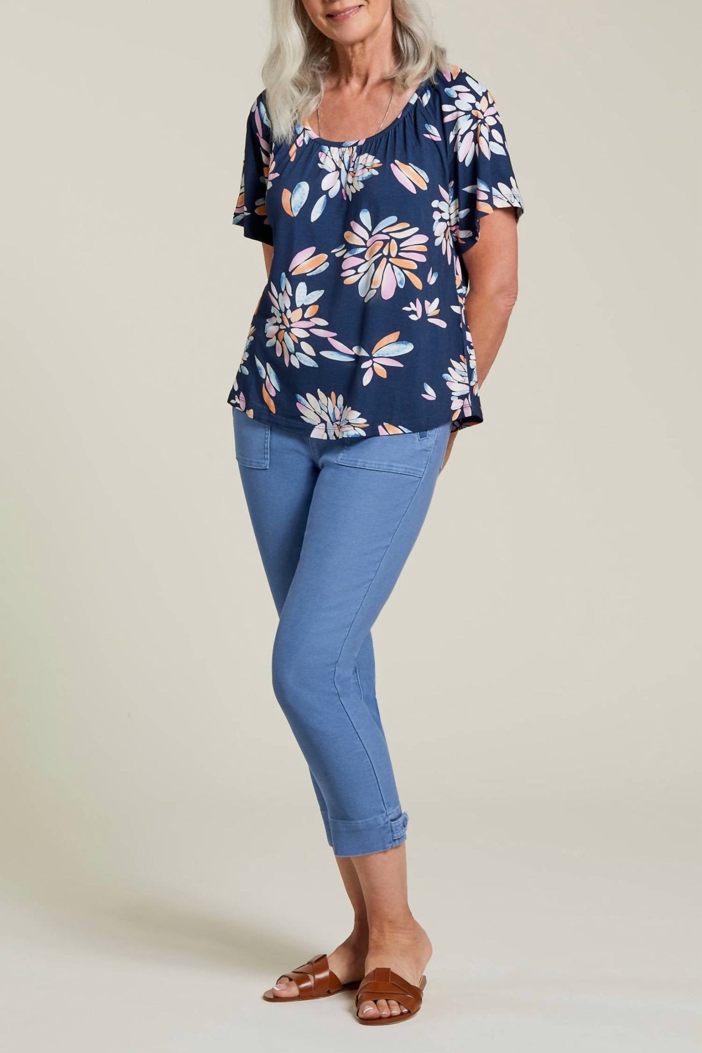 Tribal - Flutter Sleeve Scoop Neck Top - blouses - blue - clothing