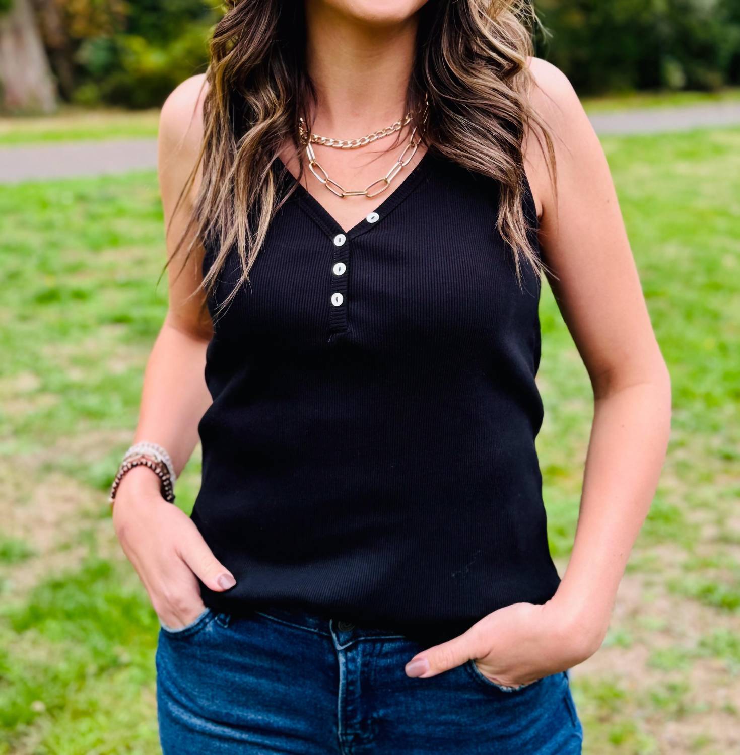 Tribal - Henley Tank With Buttons - black - blouses - clothing