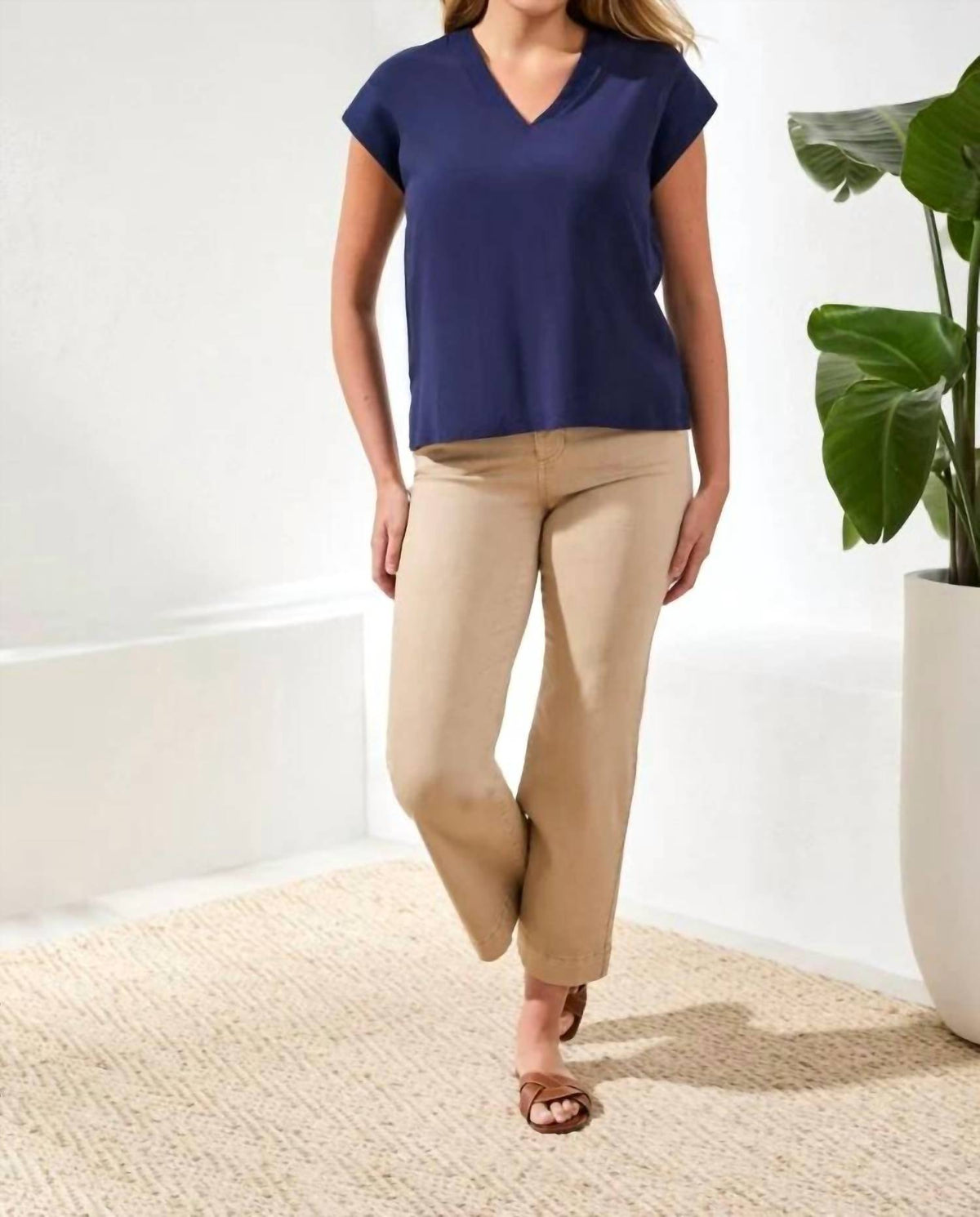 Tribal - Mixed Media Soft Drape Cap Sleeve V-neck Top