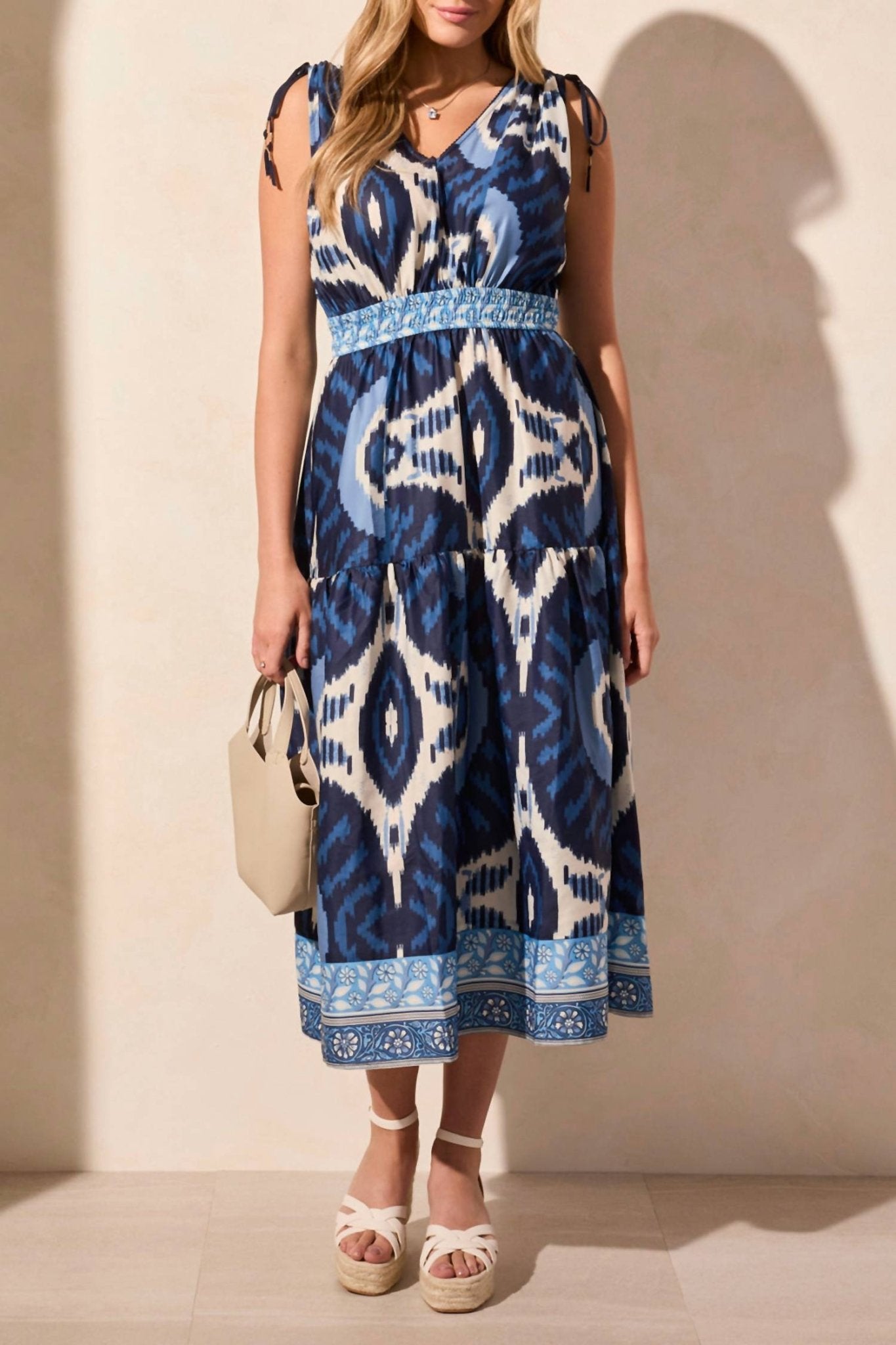 Tribal - Printed Shoulder Ties Dress - blue - clothing - dresses