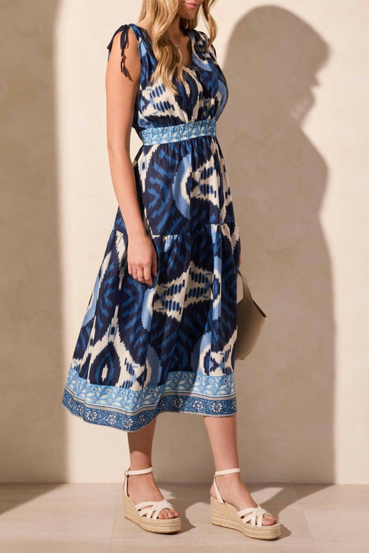 Tribal - Printed Shoulder Ties Dress - blue - clothing - dresses