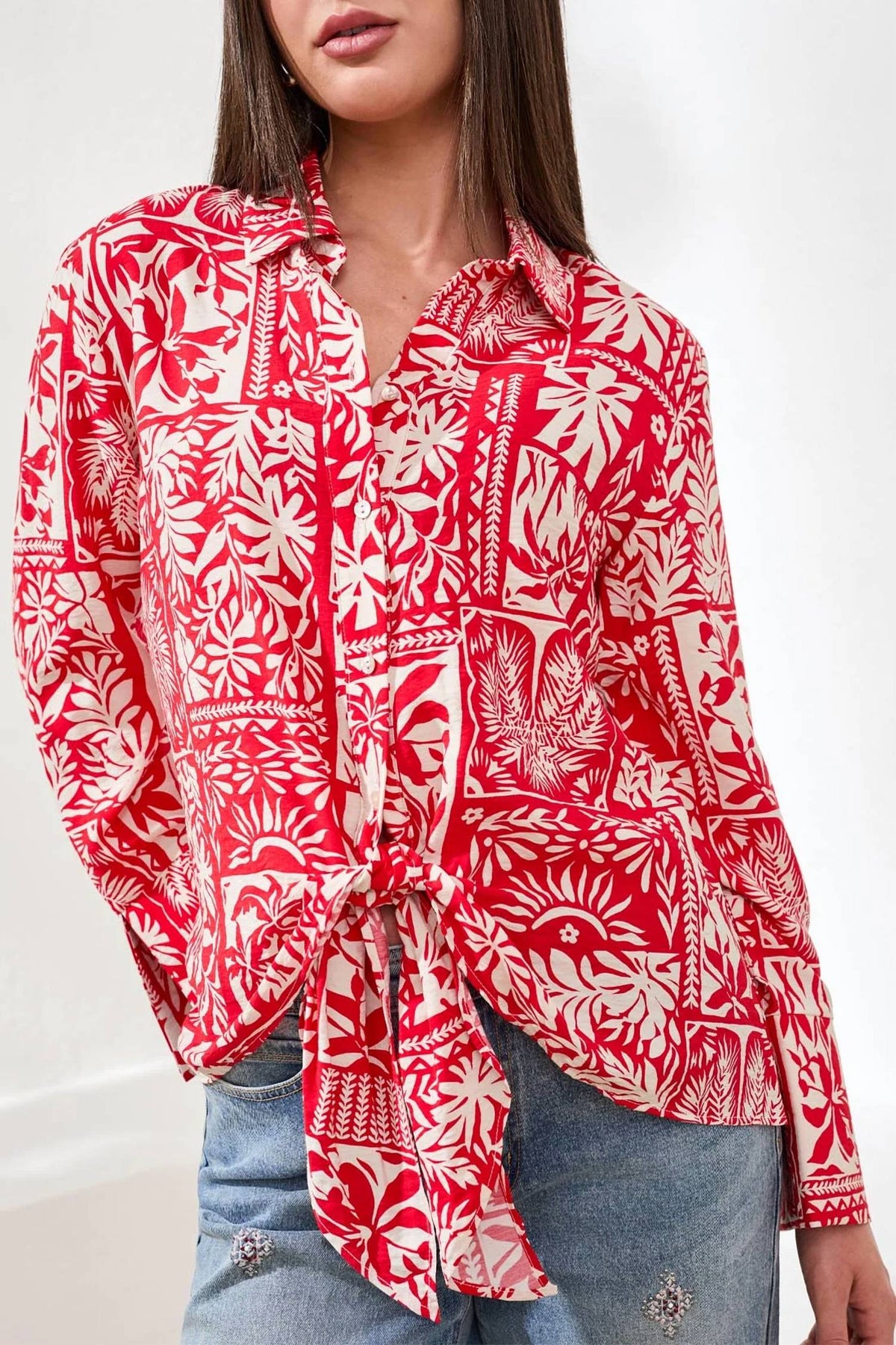 Tribal - Printed Textured Challis Blouse With Tie Front