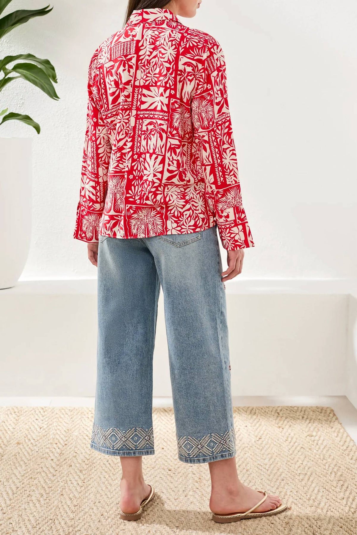 Tribal - Printed Textured Challis Blouse With Tie Front