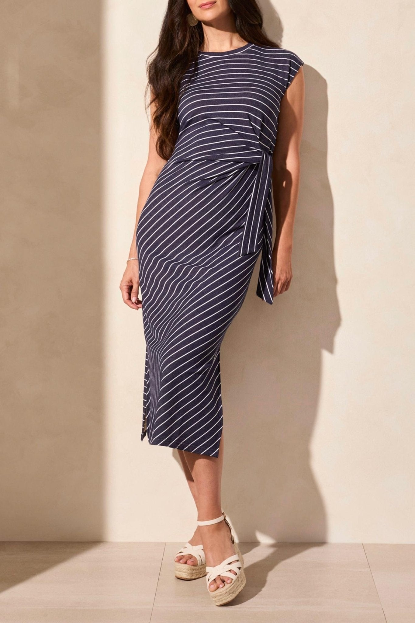 Tribal - Short Sleeve Dress With Self Belt - blue - clothing - dresses