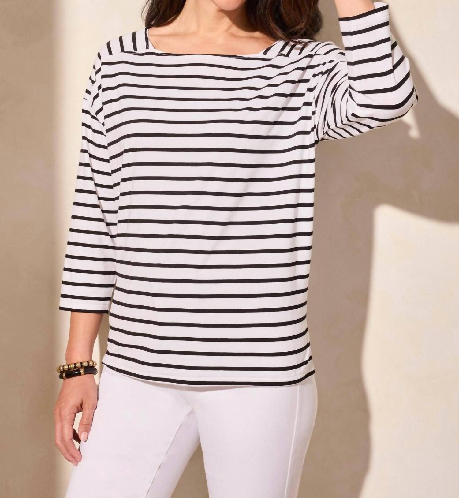 Tribal - Stripe Boat Neck Top - black - blouses - clothing