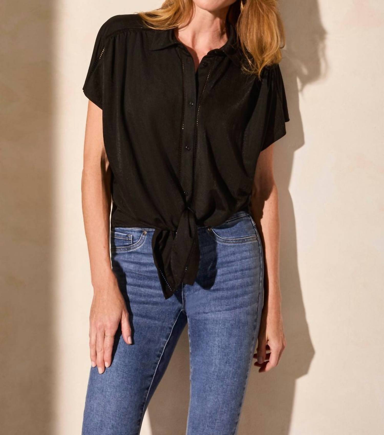 Tribal - Tie - front Short - sleeve Shirt - black - blouses - clothing