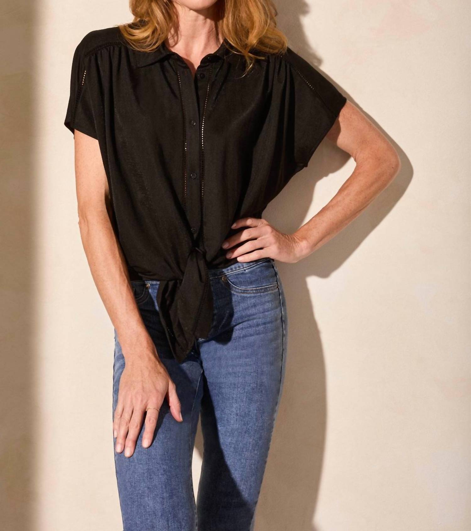 Tribal - Tie - front Short - sleeve Shirt - black - blouses - clothing