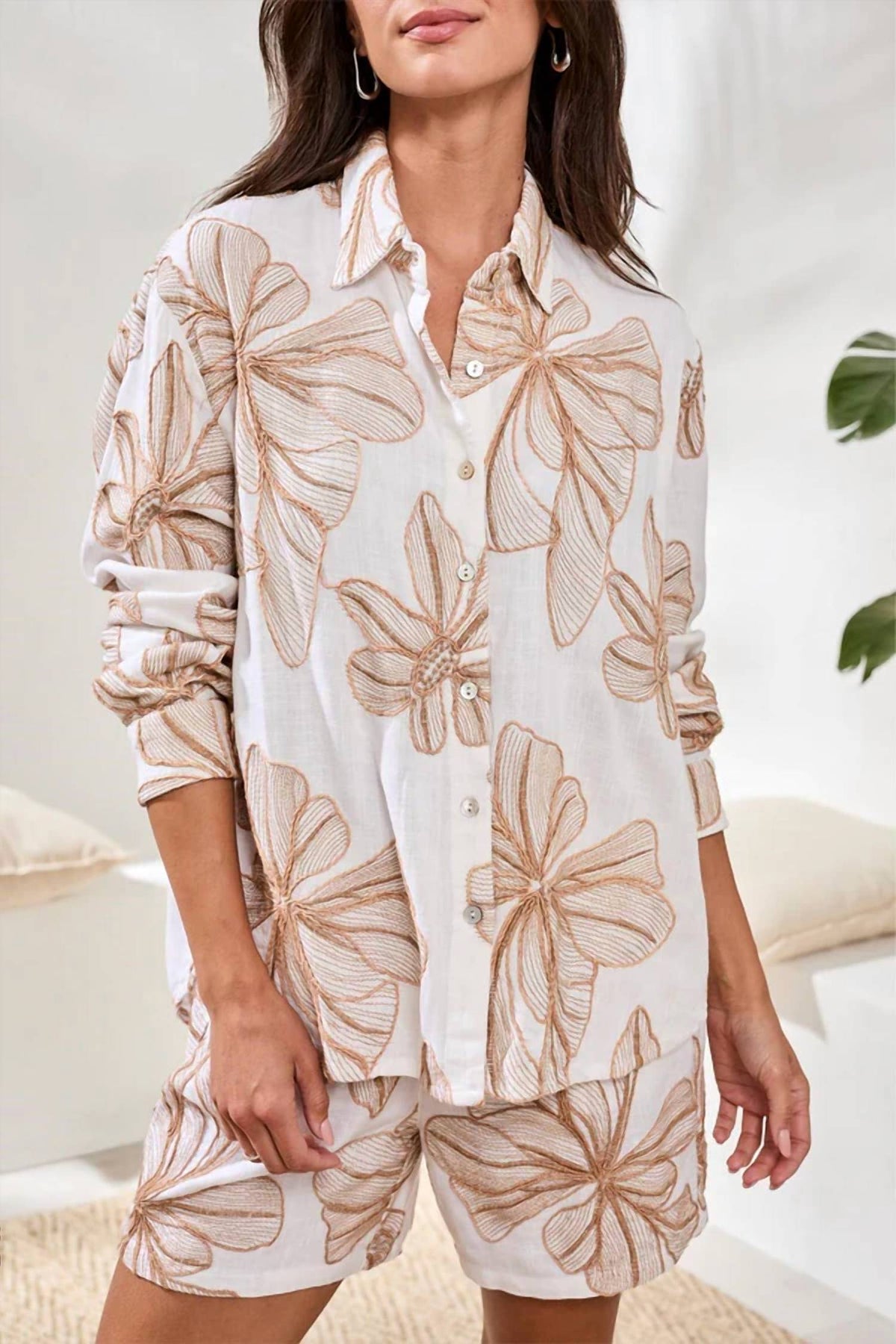 Tribal - Tropical Button Front Long Sleeve Blouse