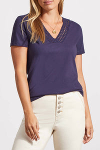 Tribal - V - neck Top With Crochet Trim - blouses - blue - clothing