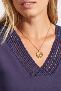 Tribal - V - neck Top With Crochet Trim - blouses - blue - clothing