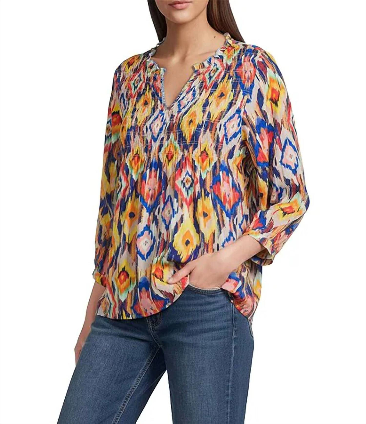 Tru Luxe - Abstract Diamond Ruffle Split V-neck 3/4 Sleeve Top