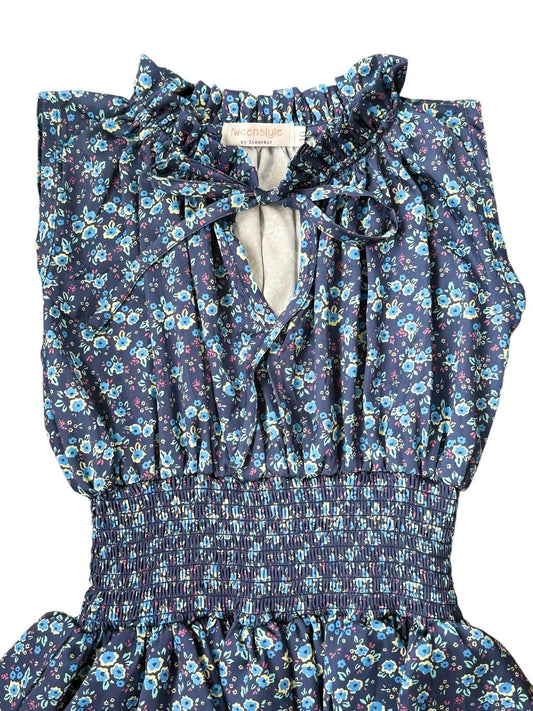 Tweenstyle - Girl's Ditzy Print Tie Neck Smocked Dress - blue - casual - clothing