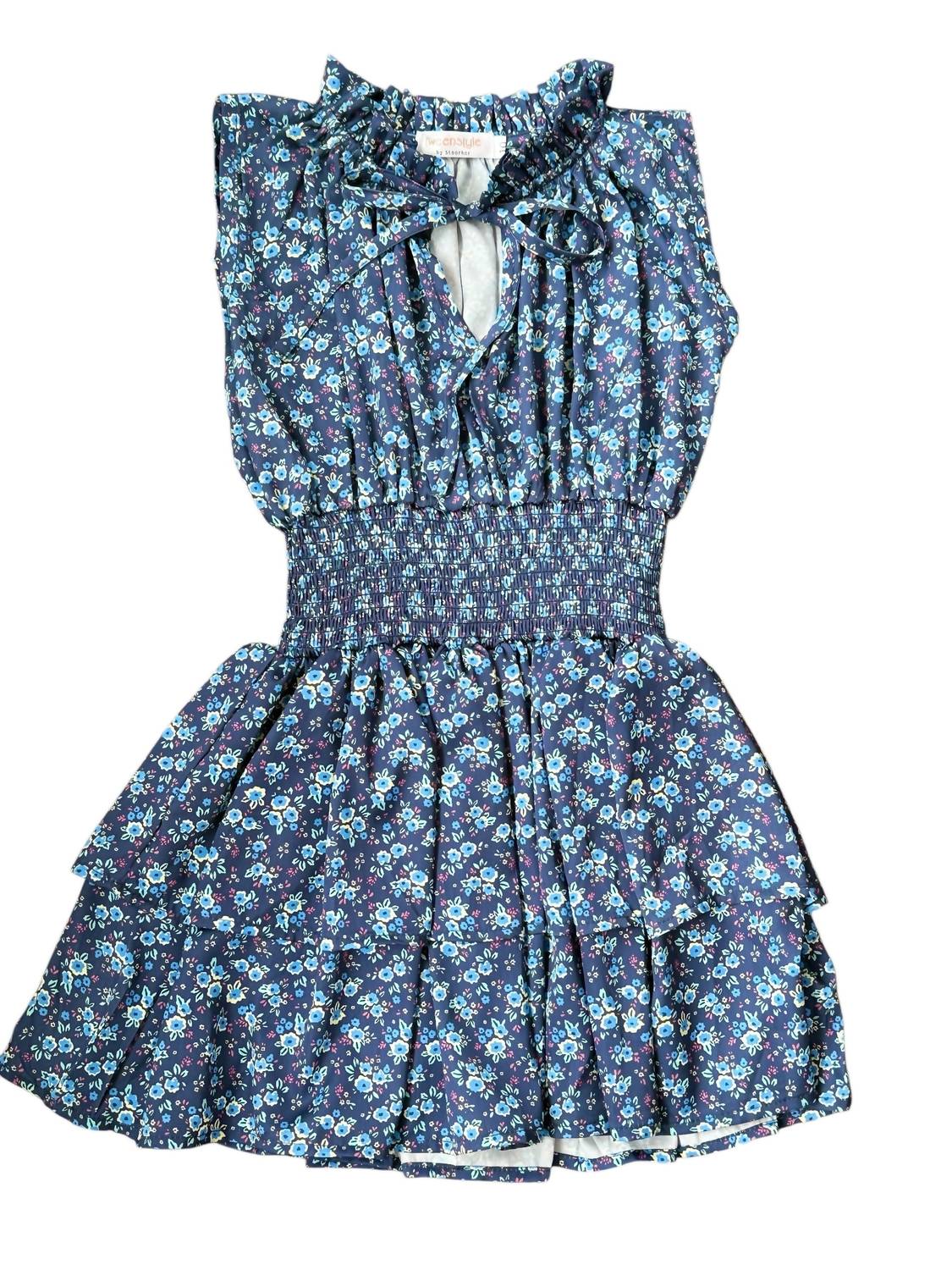 Tweenstyle - Girl's Ditzy Print Tie Neck Smocked Dress - blue - casual - clothing