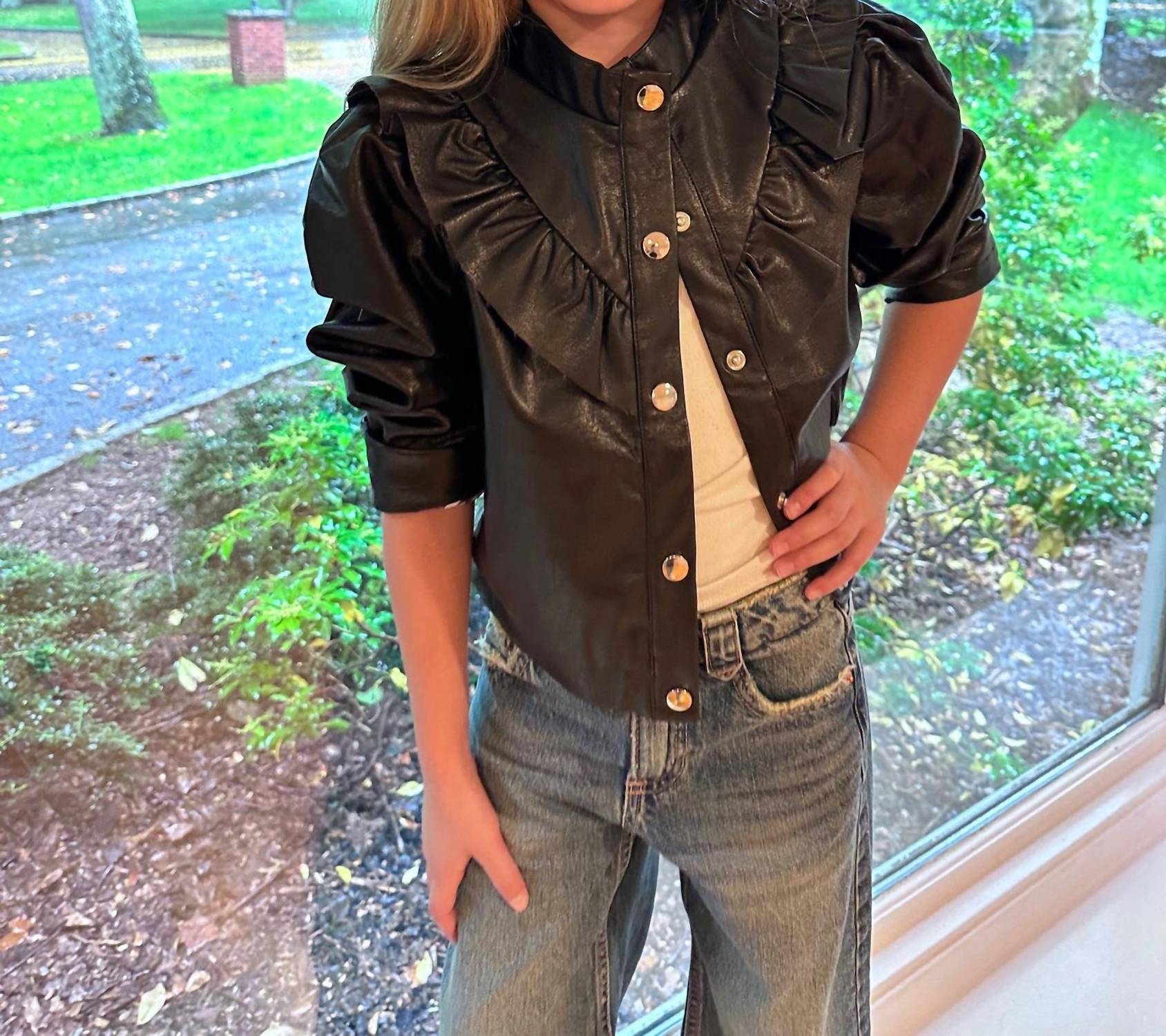 Tweenstyle - Girl's Faux Leather Ruffle Jacket - black - faux - leather - 