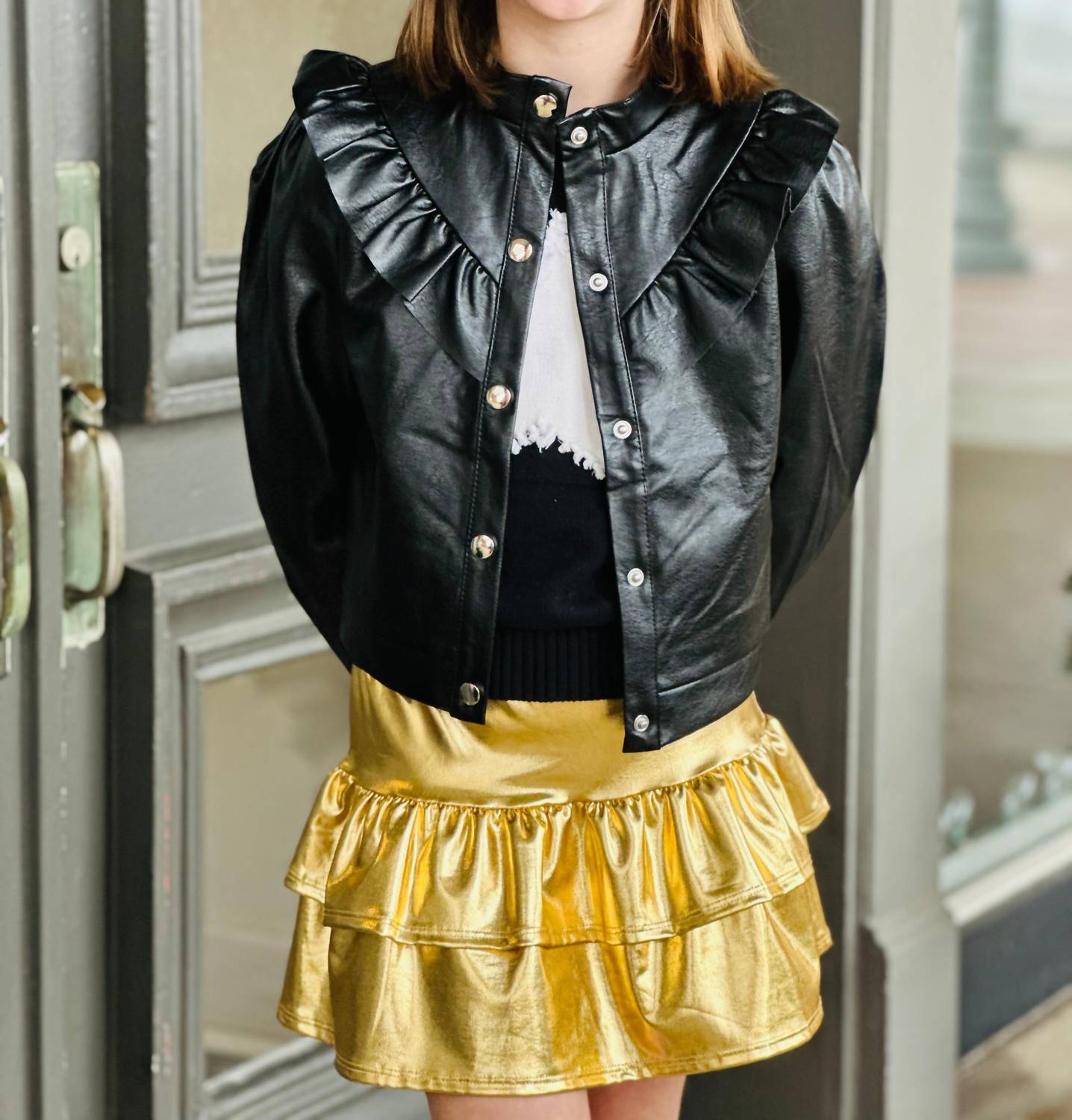 Tweenstyle - Girl's Faux Leather Ruffle Jacket - black - faux - leather - 