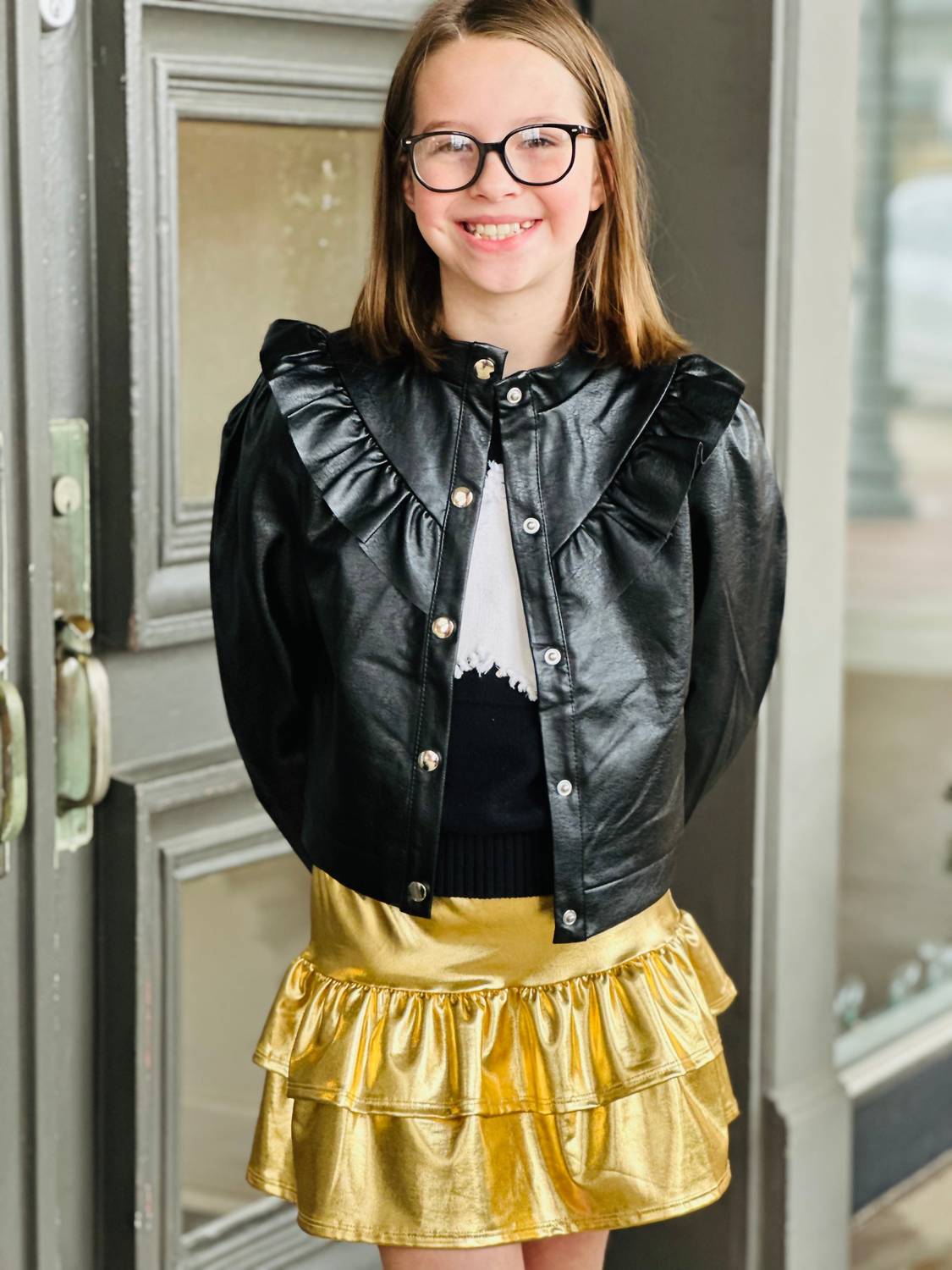 Tweenstyle - Girl's Faux Leather Ruffle Jacket - black - faux - leather - 