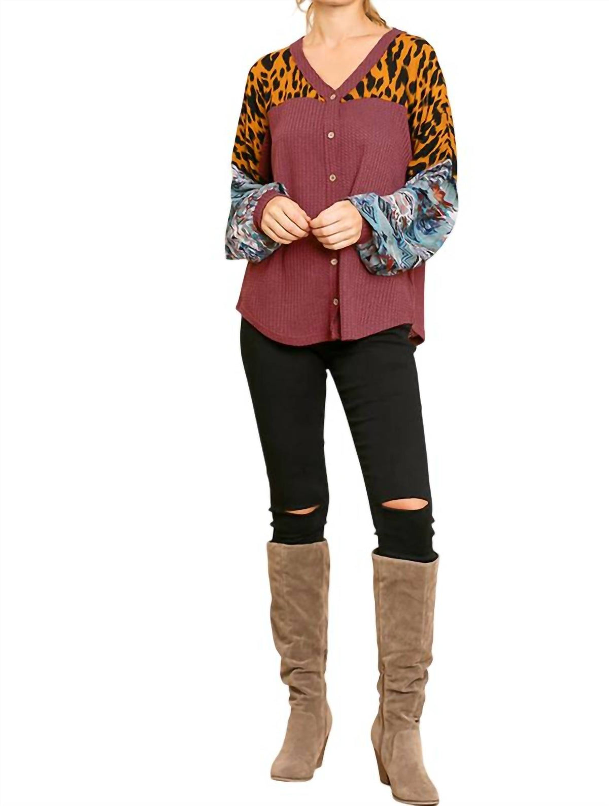 Umgee - Animal & Aztec Waffle Knit Top