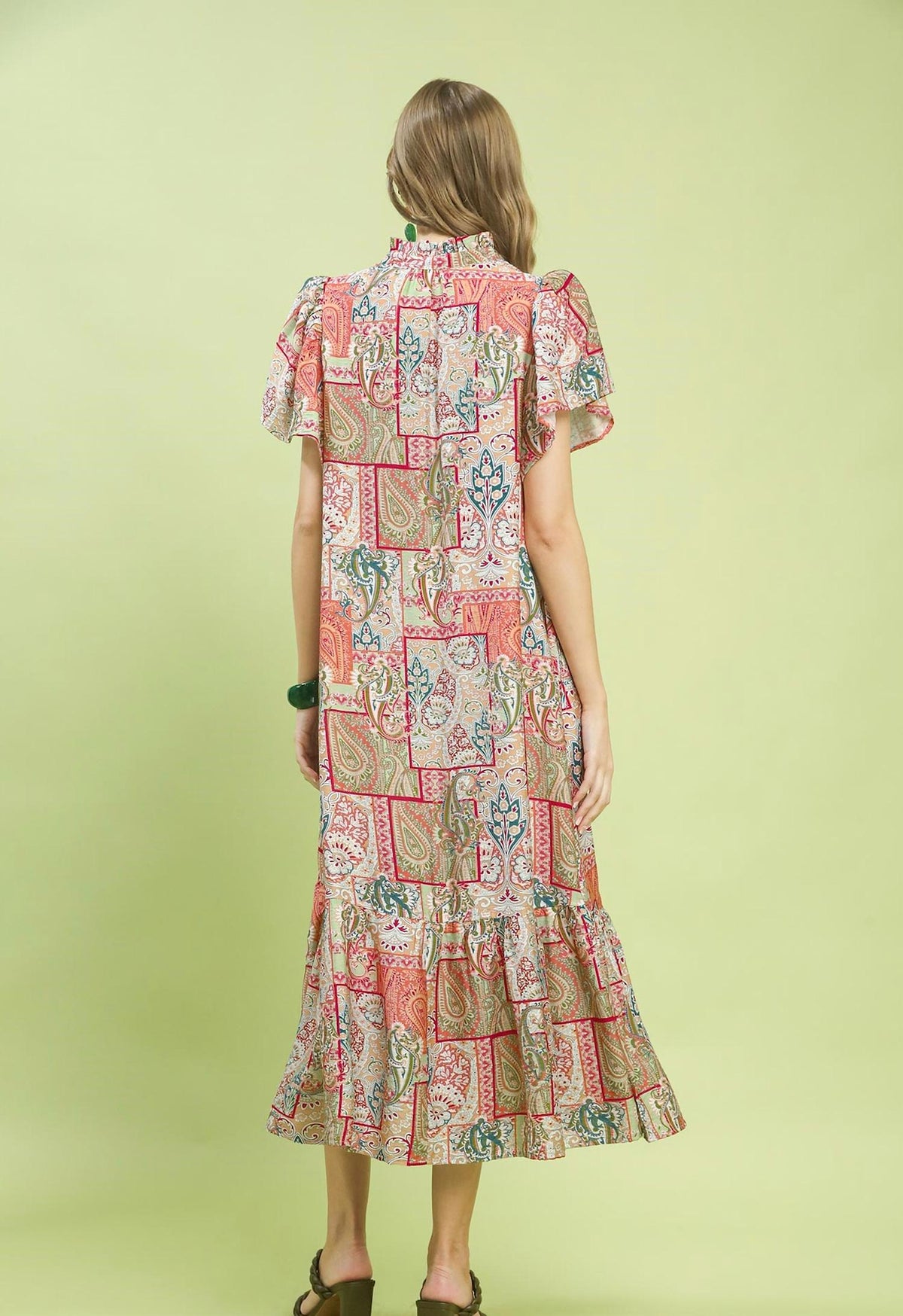Umgee - Boho Patchwork Print Flutter Sleeve Midi Dress