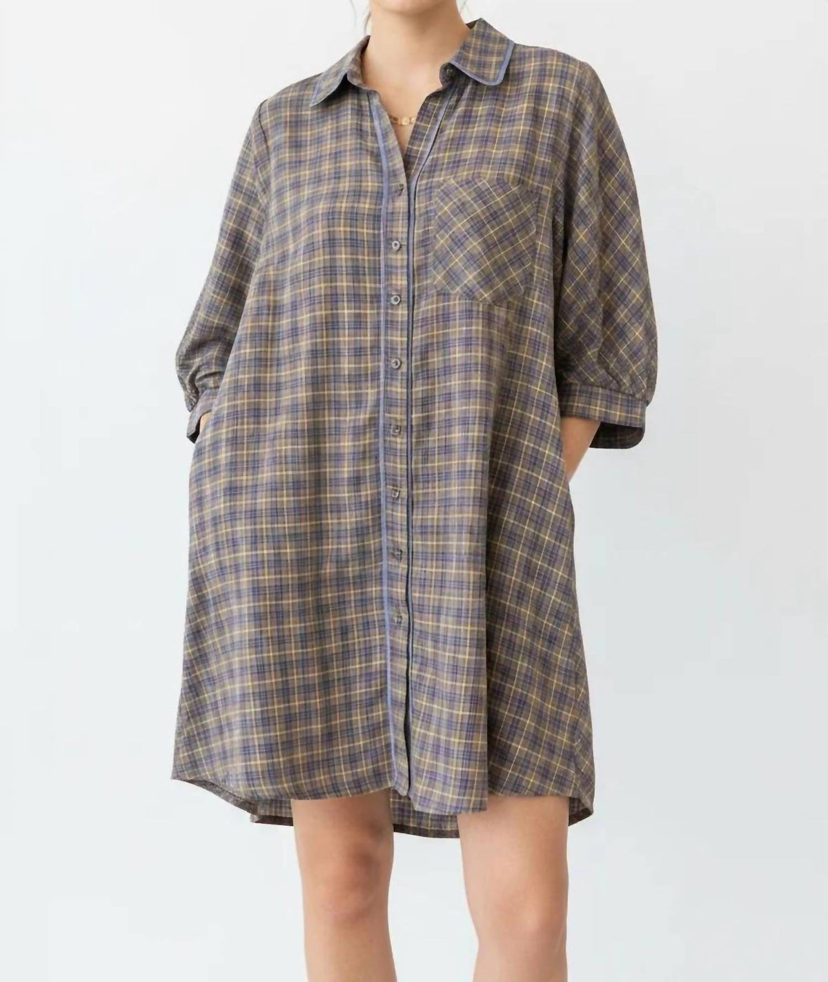 Umgee - Checkered Button Down Puff Sleeve Tiered Dress