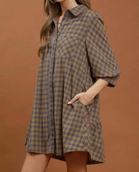 Umgee - Checkered Button Down Puff Sleeve Tiered Dress