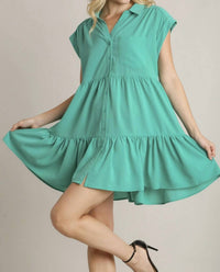 Umgee - Collared Button Down A-line Tiered Mini Dress