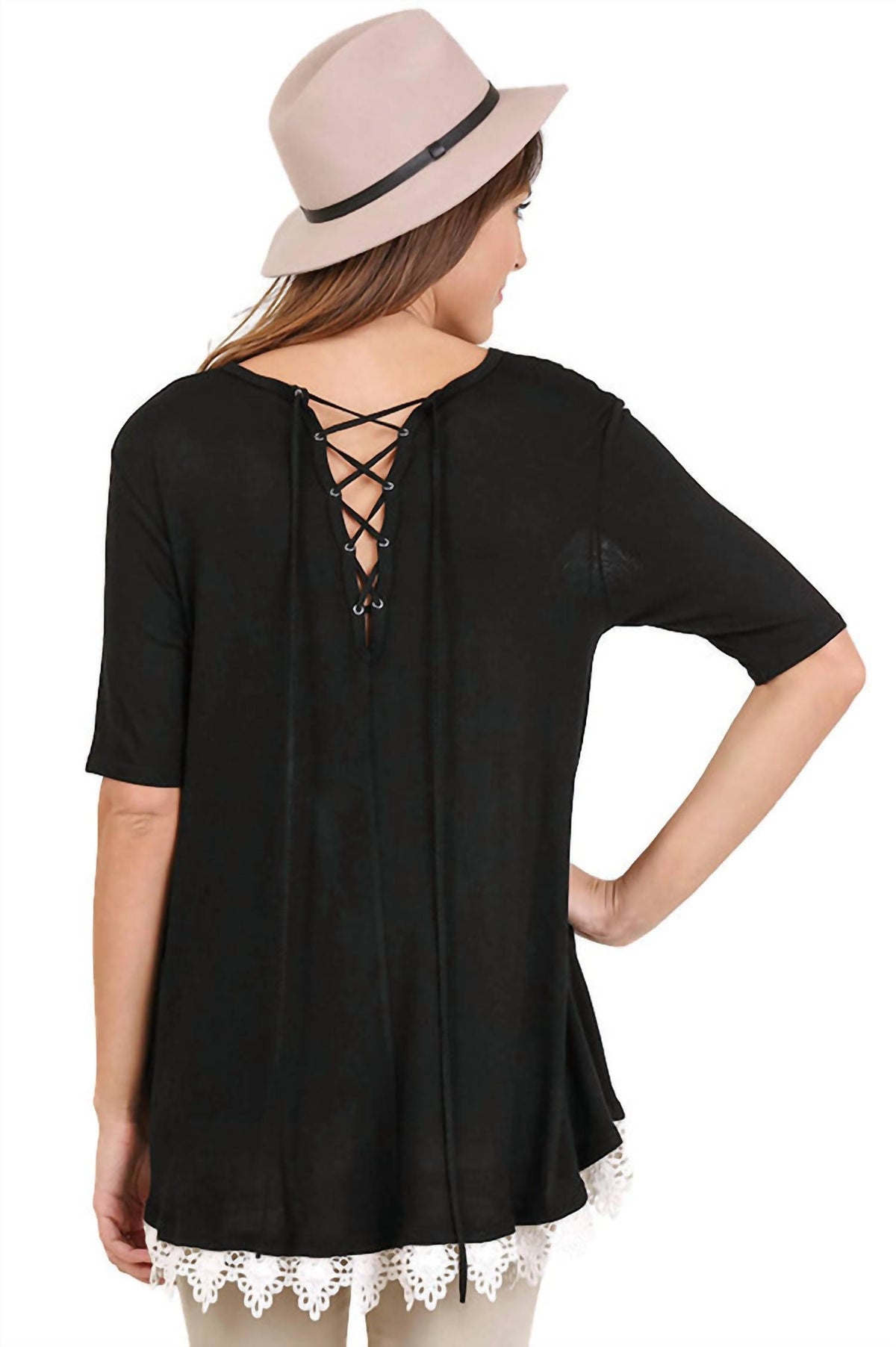 Umgee - Crochet Trim Lace Up Drawstring Top