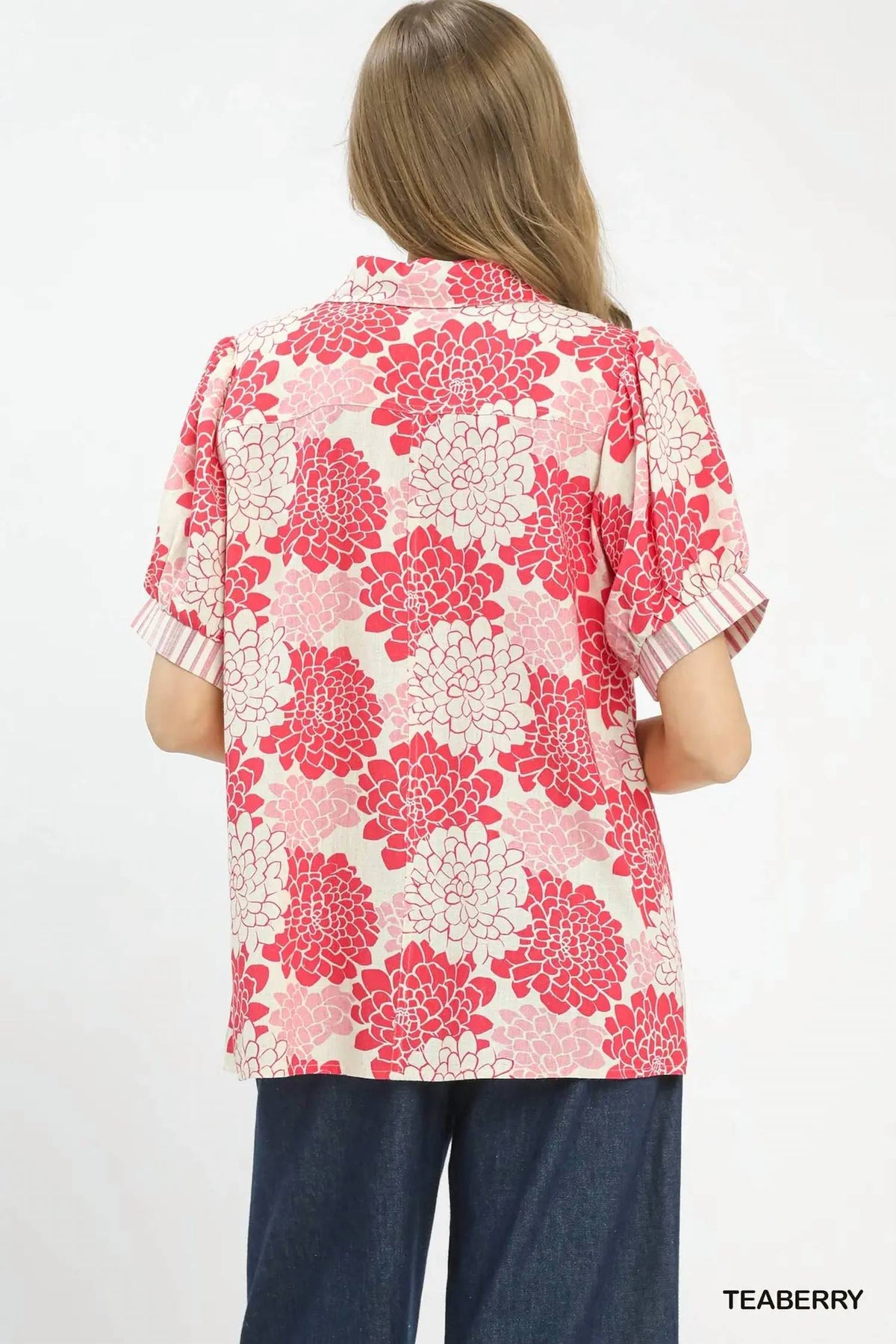 Umgee - Floral Collared Short Sleeve Blouse