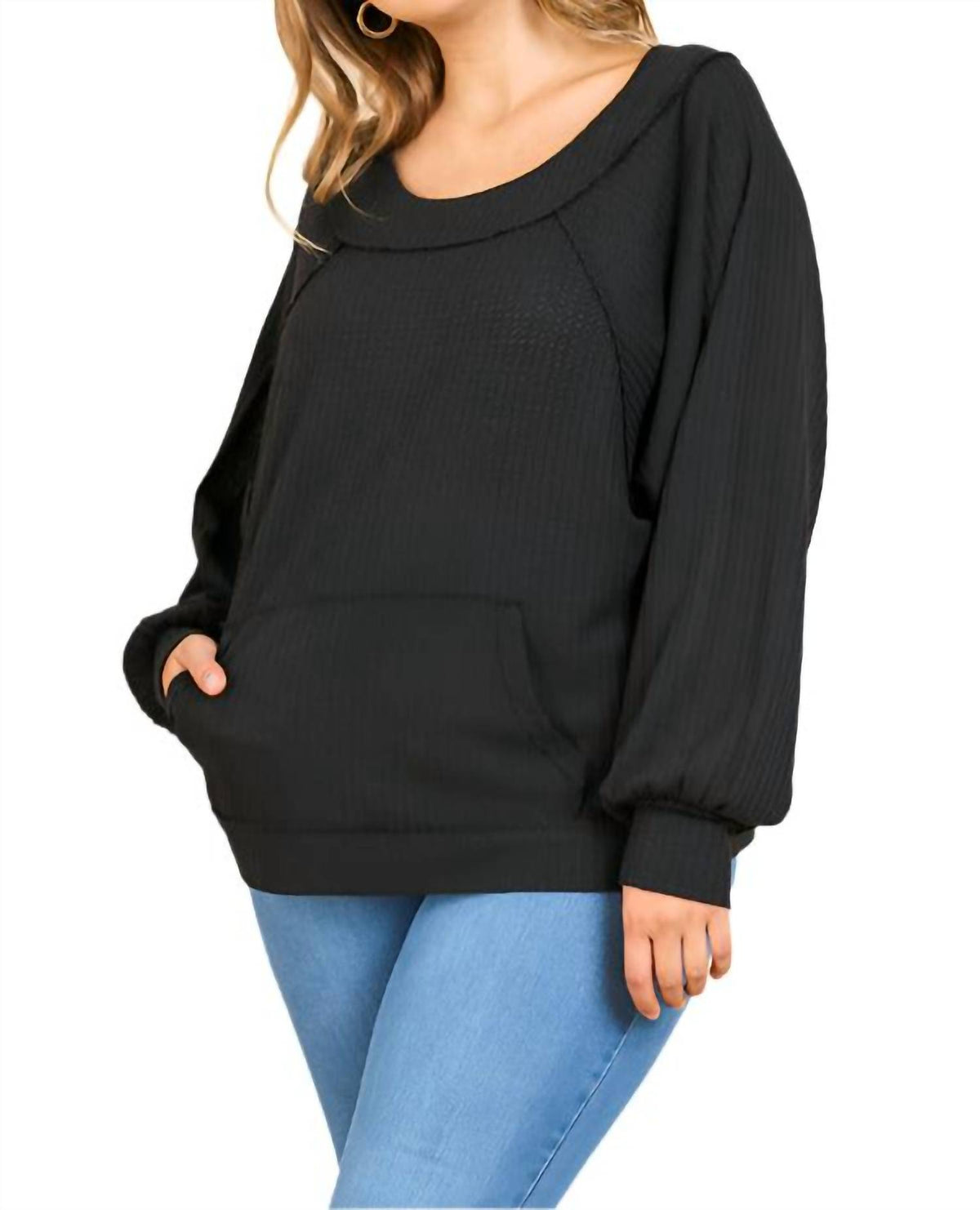 Umgee - Kangaroo Pocket Waffle Knit Top