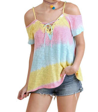 Umgee - Lace Up Cold Shoulder Color Block Top