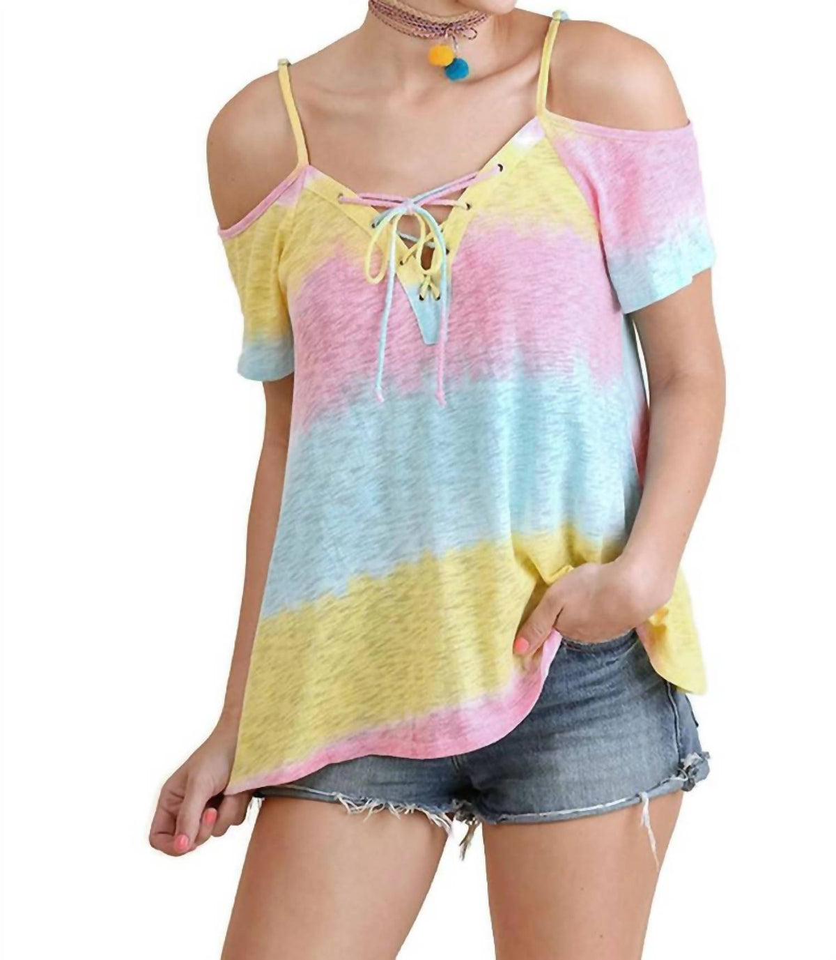 Umgee - Lace Up Cold Shoulder Color Block Top