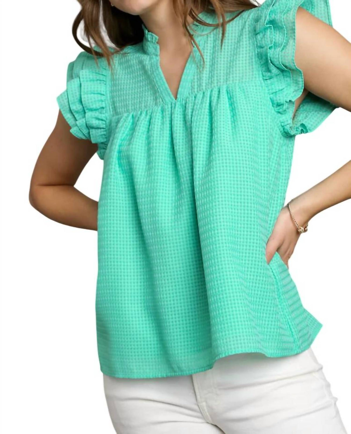 Umgee - Layered Ruffle Sleeve Split Neck Top