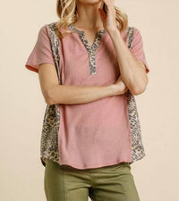 Umgee - Leopard Trim Waffle Knit Top - animal - blouses - clothing