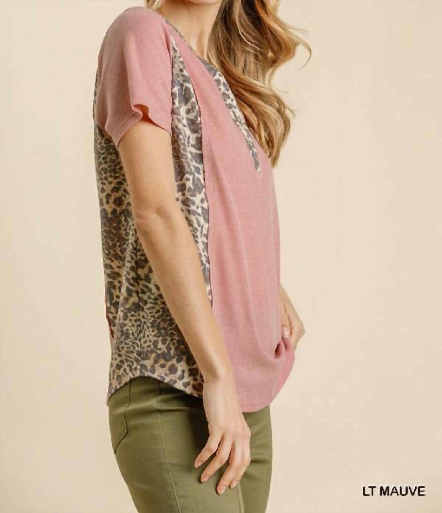 Umgee - Leopard Trim Waffle Knit Top - animal - blouses - clothing